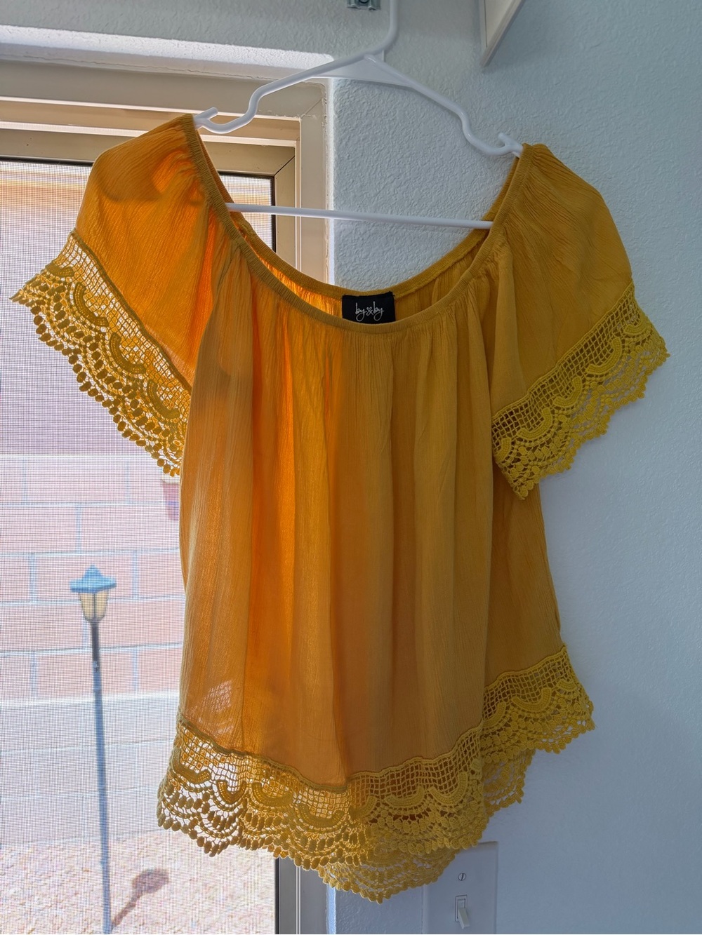 by & by Honey Yellow Crochet-Trim Off-Shoulder Top